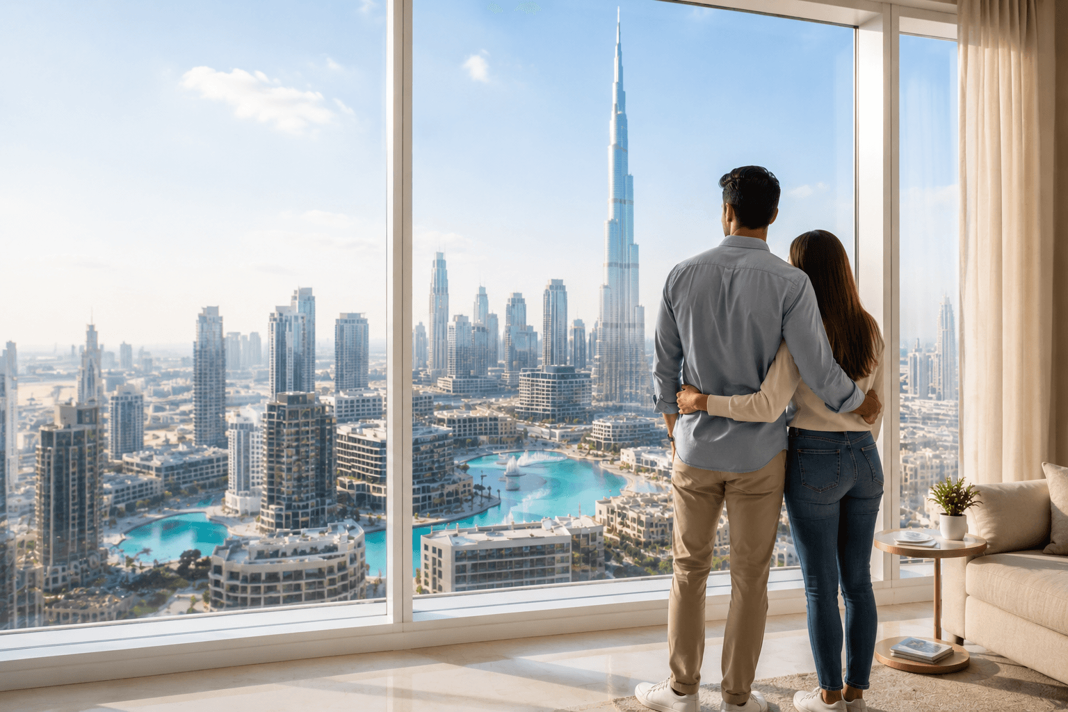 Couple admiring Dubai skyline, first home